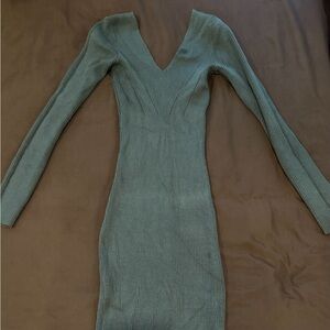 Ribbed V-Neck Long Sleeve Bodycon Dress - Sage Green